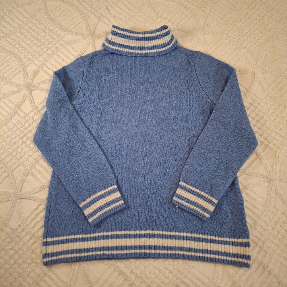 Talbots 1X Sweater Blue Turtleneck Striped Trim Cotton Pullover Long Sleeve - Picture 6 of 6